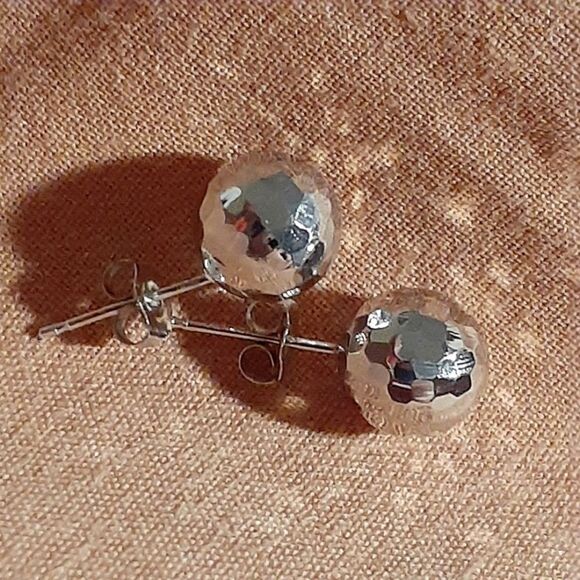Gold earrings 14k solid white gold stud earrings sphere faceted Disco ball round - Picture 3 of 9